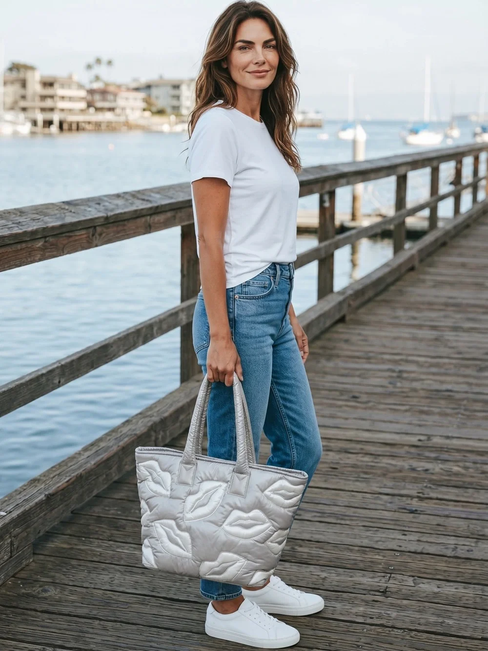 Wildfox Puffy Lips Quilted Tote Silver White NWT Zip Top Carryall